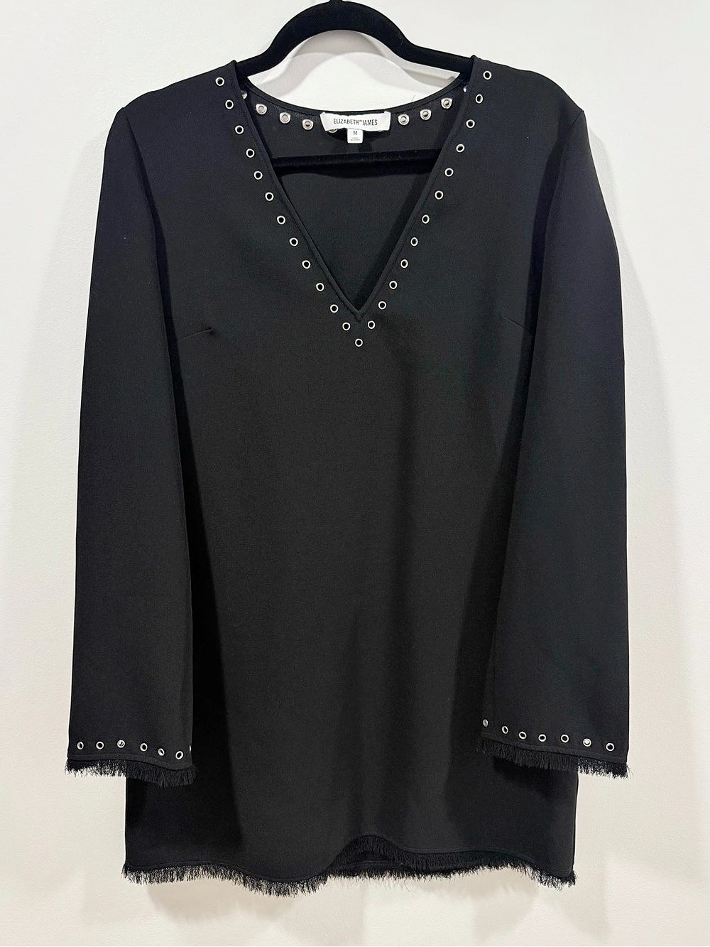 Elizabeth and James Grommet Fringe Long Sleeve Dress Black Size Medium
